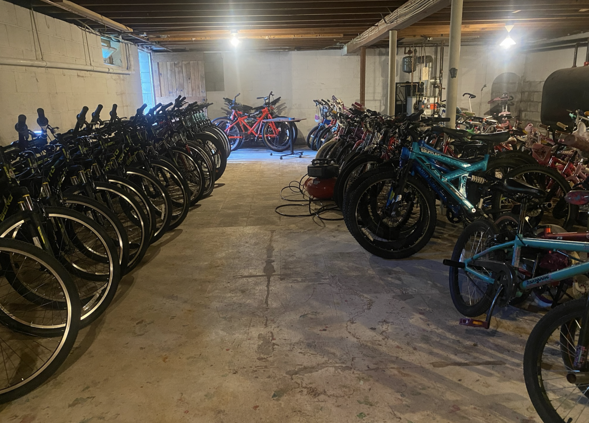 Bikes lined up in the basement of HQ